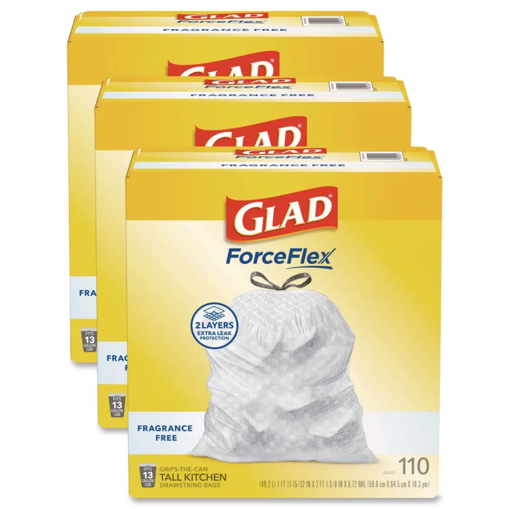 New ForceFlex Kitchen Drawstring Trash Bags, Drawstring, 13 gal, Unscented, 23.47 x 25.38, White, 110 Bags/Box, 3 Boxes/Carton Trash & Waste Bins