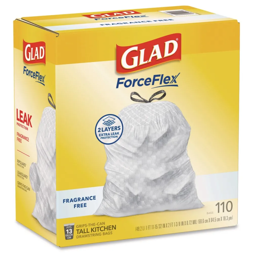 New ForceFlex Kitchen Drawstring Trash Bags, Drawstring, 13 gal, Unscented, 23.47 x 25.38, White, 110 Bags/Box, 3 Boxes/Carton Trash & Waste Bins