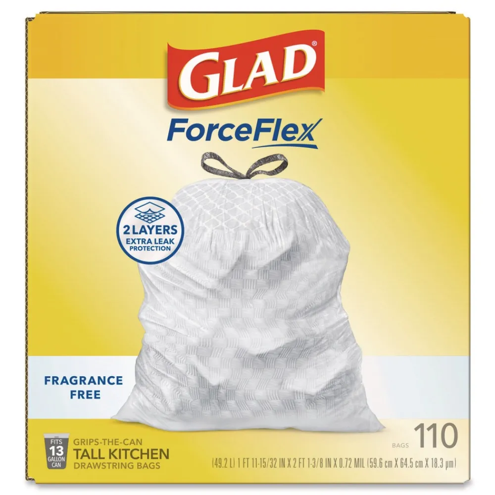 New ForceFlex Kitchen Drawstring Trash Bags, Drawstring, 13 gal, Unscented, 23.47 x 25.38, White, 110 Bags/Box, 3 Boxes/Carton Trash & Waste Bins