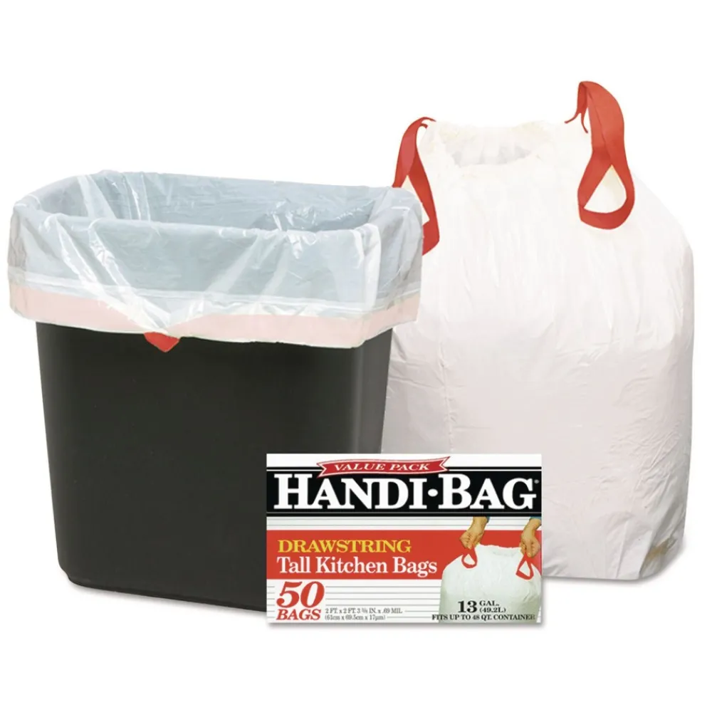 Clearance 1516848 13 Gallon 0.6 Mil, 24 in. x 27.4 in. Drawstring Kitchen Bags - White (300/Carton) Trash & Waste Bins