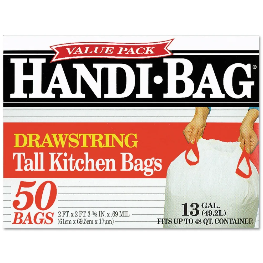 Clearance 1516848 13 Gallon 0.6 Mil, 24 in. x 27.4 in. Drawstring Kitchen Bags - White (300/Carton) Trash & Waste Bins