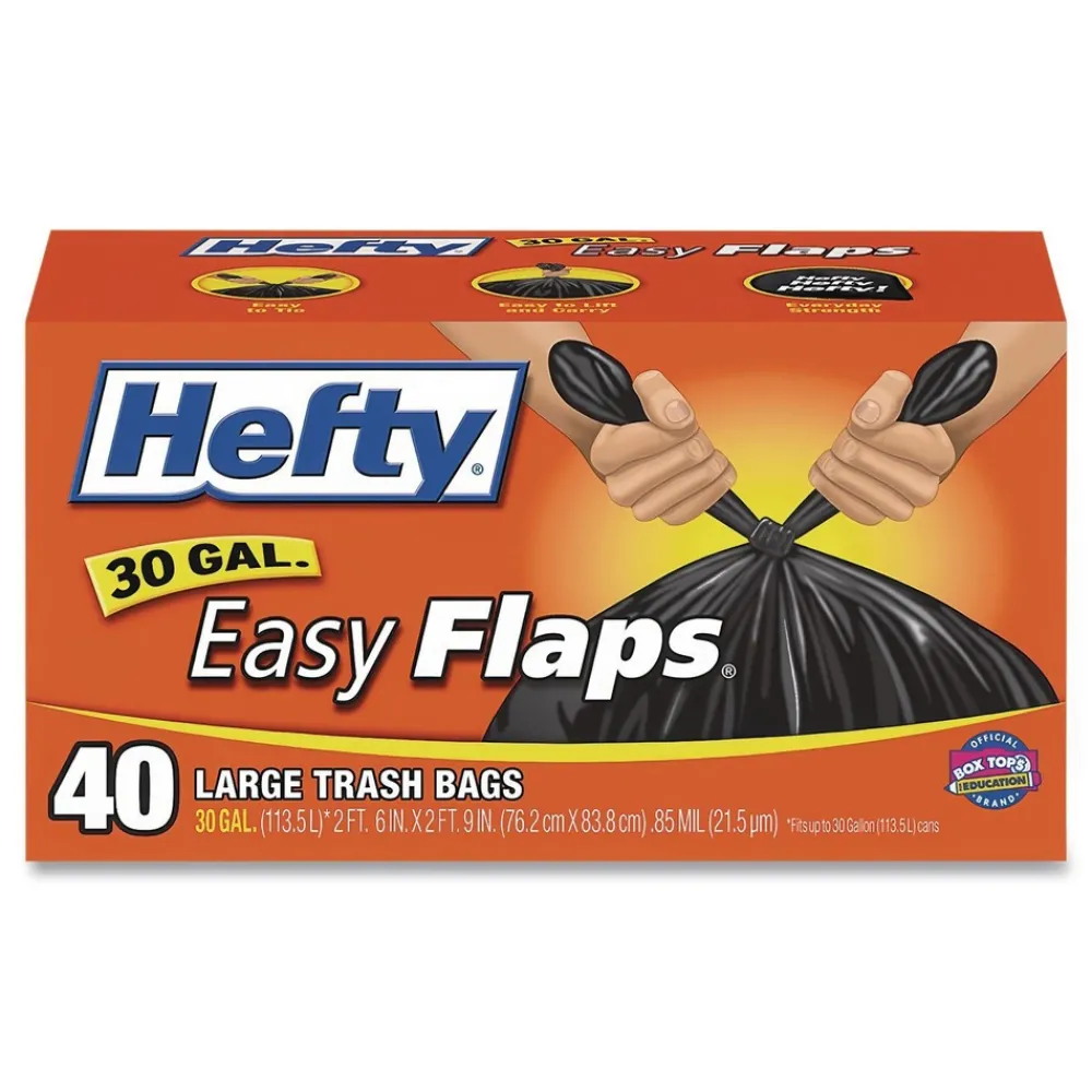 New E27744 30 in. x 33 in. 30-Gallon 0.85 mil Easy Flaps Trash Bags - Black (40/Box, 6 Boxes/Carton) Trash & Waste Bins