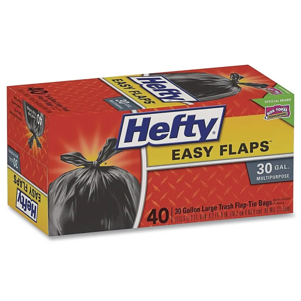 New E27744 30 in. x 33 in. 30-Gallon 0.85 mil Easy Flaps Trash Bags - Black (40/Box, 6 Boxes/Carton) Trash & Waste Bins