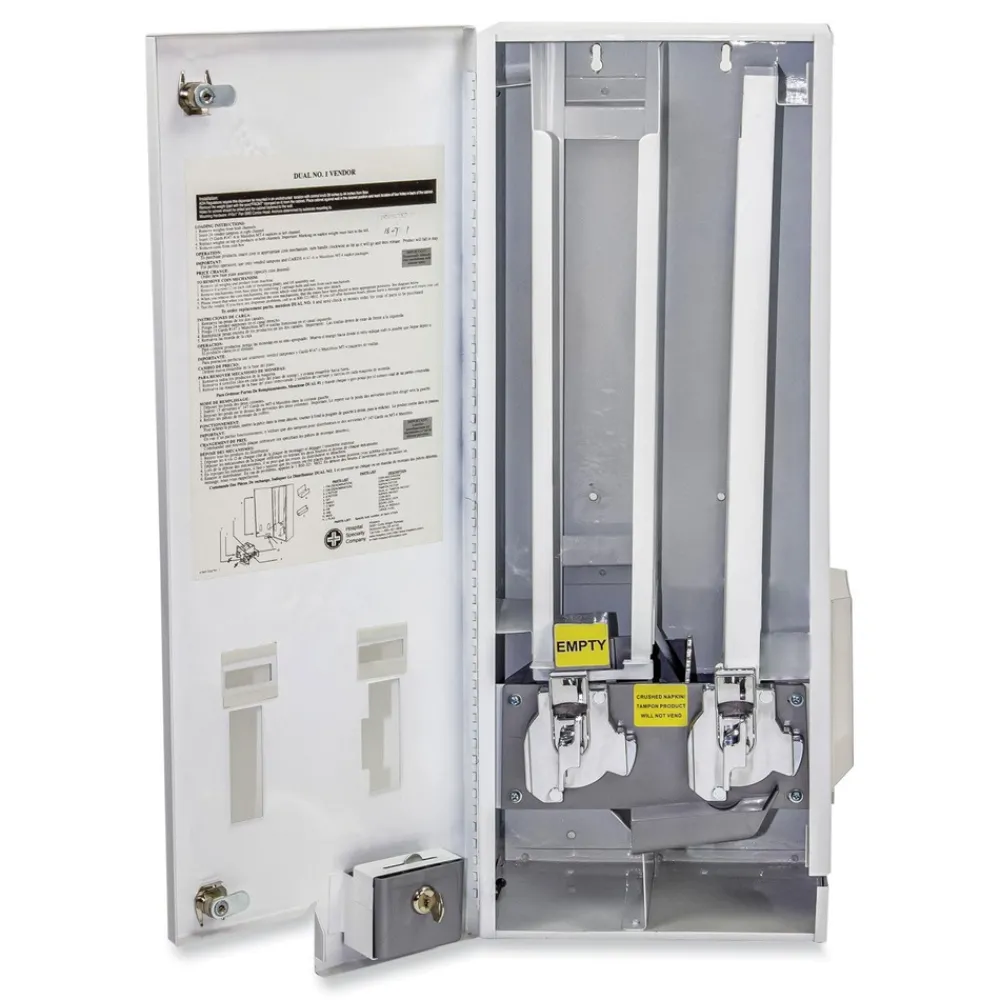 Discount 11.13 in. x 7.63 in. x 26.38 in. 25 Cent Coin Mechanism Dual Sanitary Napkin/Tampon Dispenser - White/Blue Paper & Dispensers|Cleaning & Janitorial Supplies