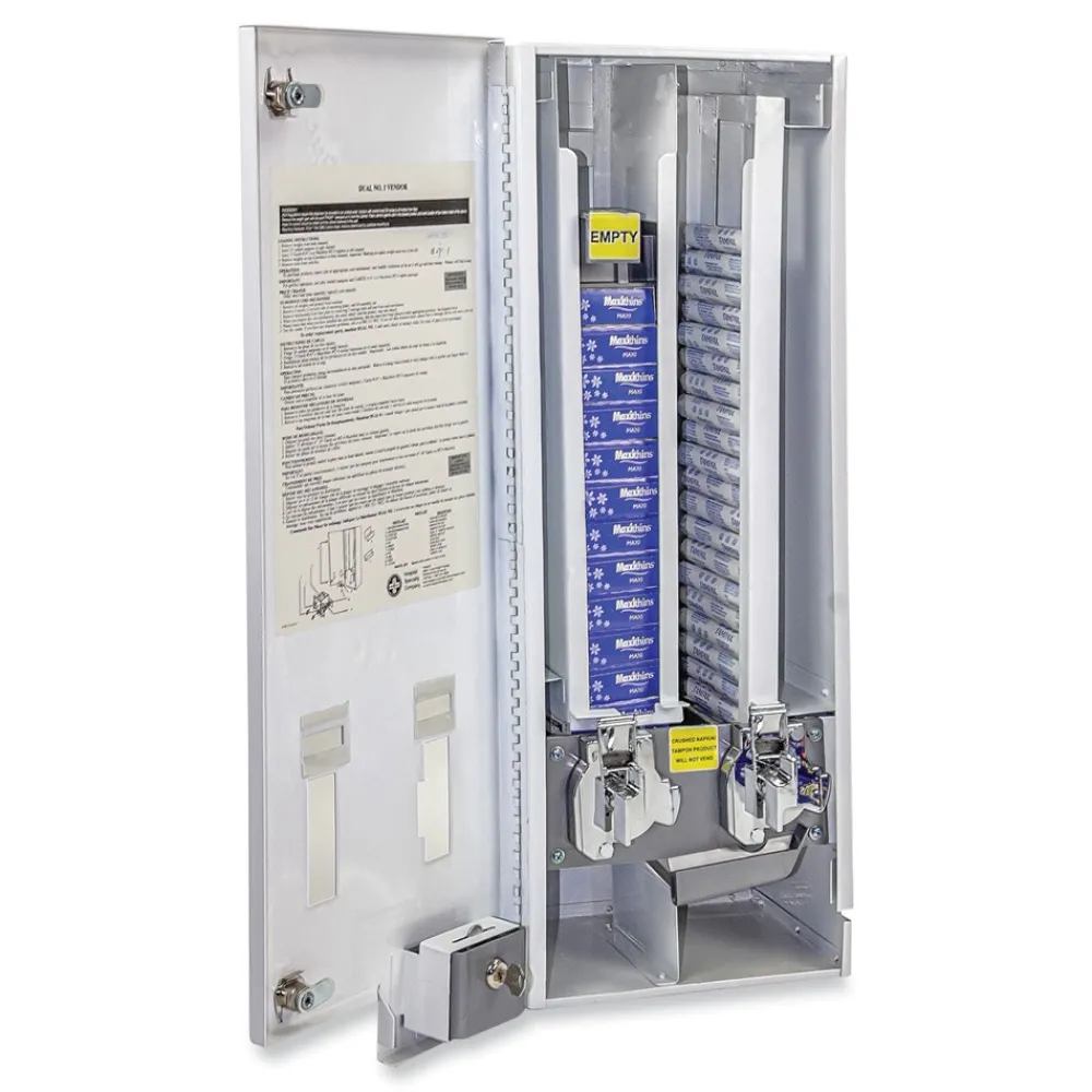 Discount 11.13 in. x 7.63 in. x 26.38 in. 25 Cent Coin Mechanism Dual Sanitary Napkin/Tampon Dispenser - White/Blue Paper & Dispensers|Cleaning & Janitorial Supplies