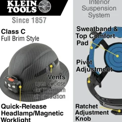 Sale 60347 Class C Vented Full Brim Hard Hat with Rechargeable Lamp - KARBN Pattern Protective Head Gear