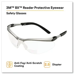Hot BX Molded-In 2.5plus Diopter Strength Safety Glasses - Silver/Black Frame, Clear Lens Eye Protection