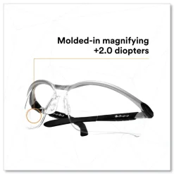 Clearance BX Molded-In 2.0plus Diopter Strength Safety Glasses - Silver/Black Frame, Clear Lens Eye Protection