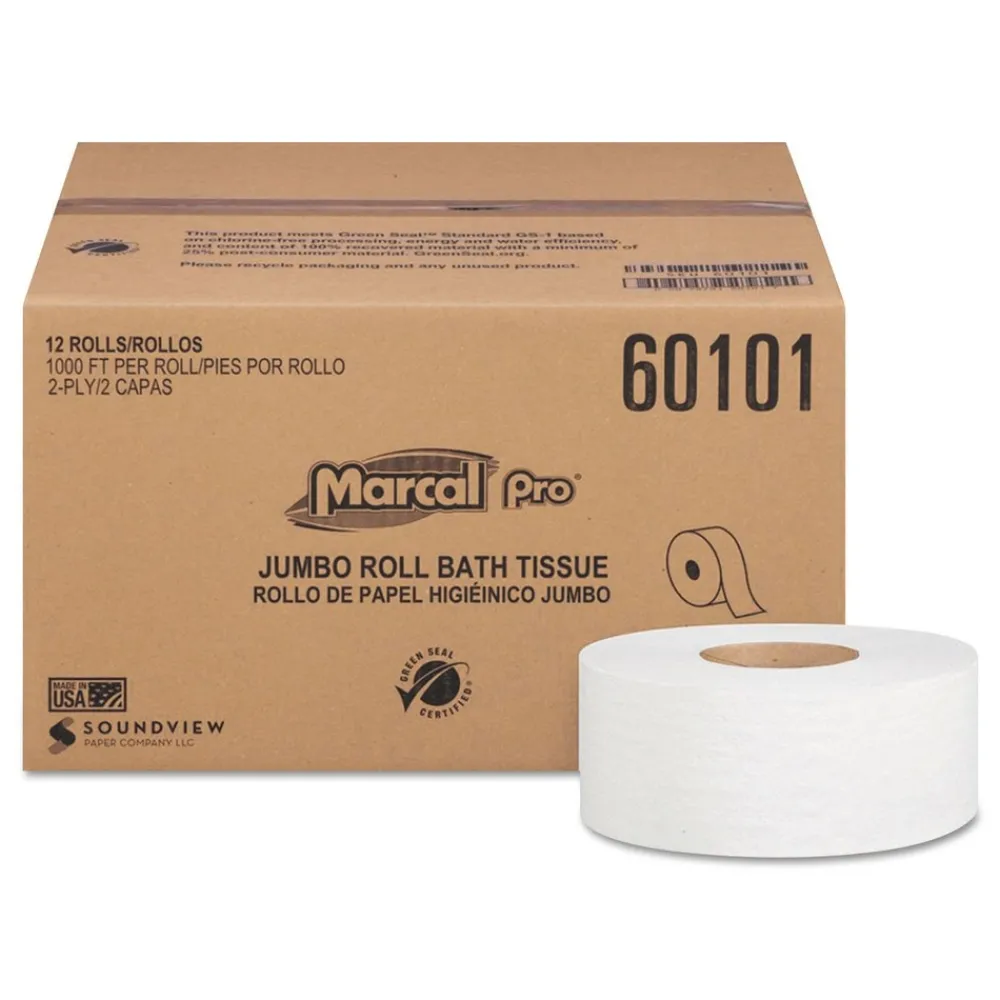 New 2 Ply 3.3 in. x 1000 ft. Septic Safe 100% Recycled Bathroom Tissues - White (12/Carton) Paper & Dispensers