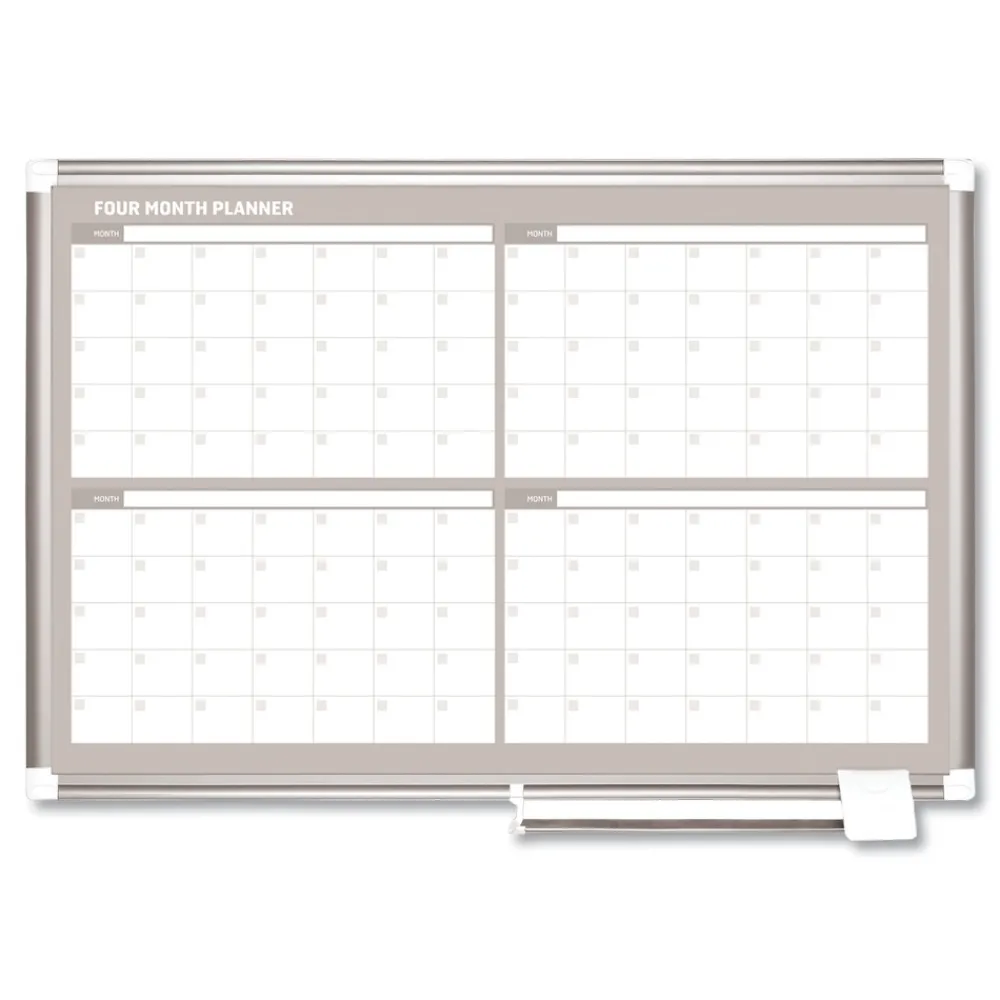 Hot 36 in. x 24 in. 4-Month Planning/Scheduling Magnetic Dry Erase Calendar Board - White Surface, Satin Aluminum Frame Office Presentation Supplies
