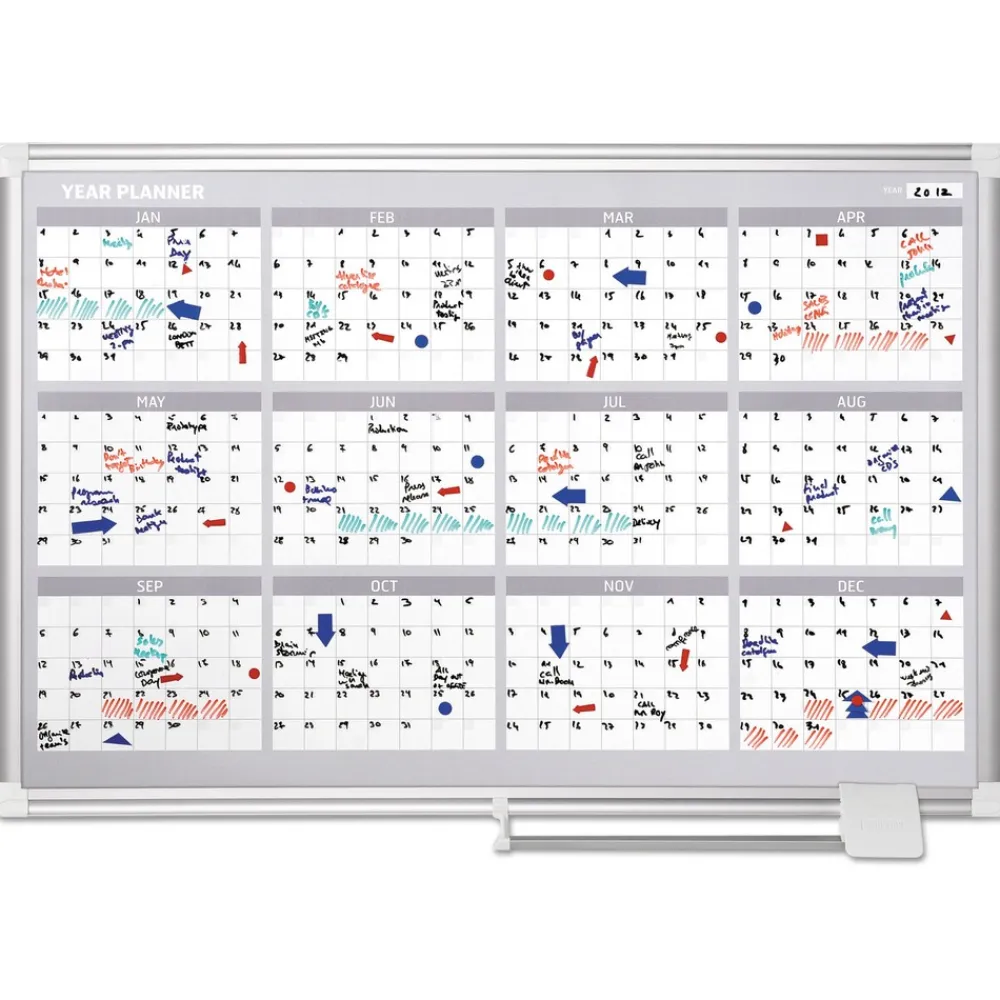 Hot 36 in. x 24 in. 4-Month Planning/Scheduling Magnetic Dry Erase Calendar Board - White Surface, Satin Aluminum Frame Office Presentation Supplies