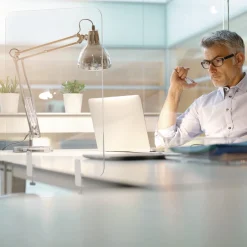 Discount GL2001393 Protector Series 35.4 in. x 0.16 in. x 35.4 in. Frameless Glass Desktop Divider - Clear/Aluminum (1/Carton) Office Furniture & Lighting