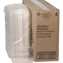 Hot 6.5 in. x 2.25 in. x 2.75 in. Plastic Hinged Lid Hot Dog Container - Clear (250/Carton) Tabletop And Serveware