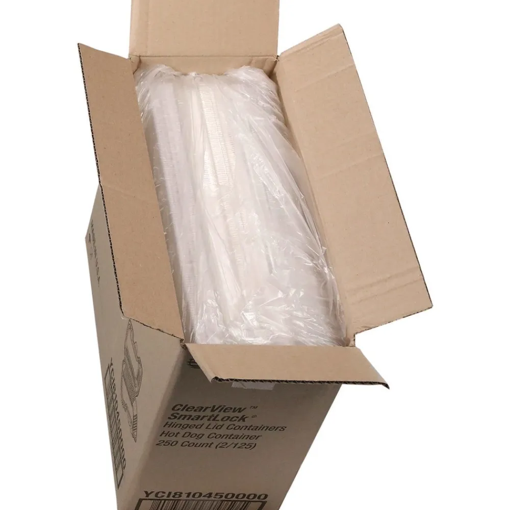 Hot 6.5 in. x 2.25 in. x 2.75 in. Plastic Hinged Lid Hot Dog Container - Clear (250/Carton) Tabletop And Serveware