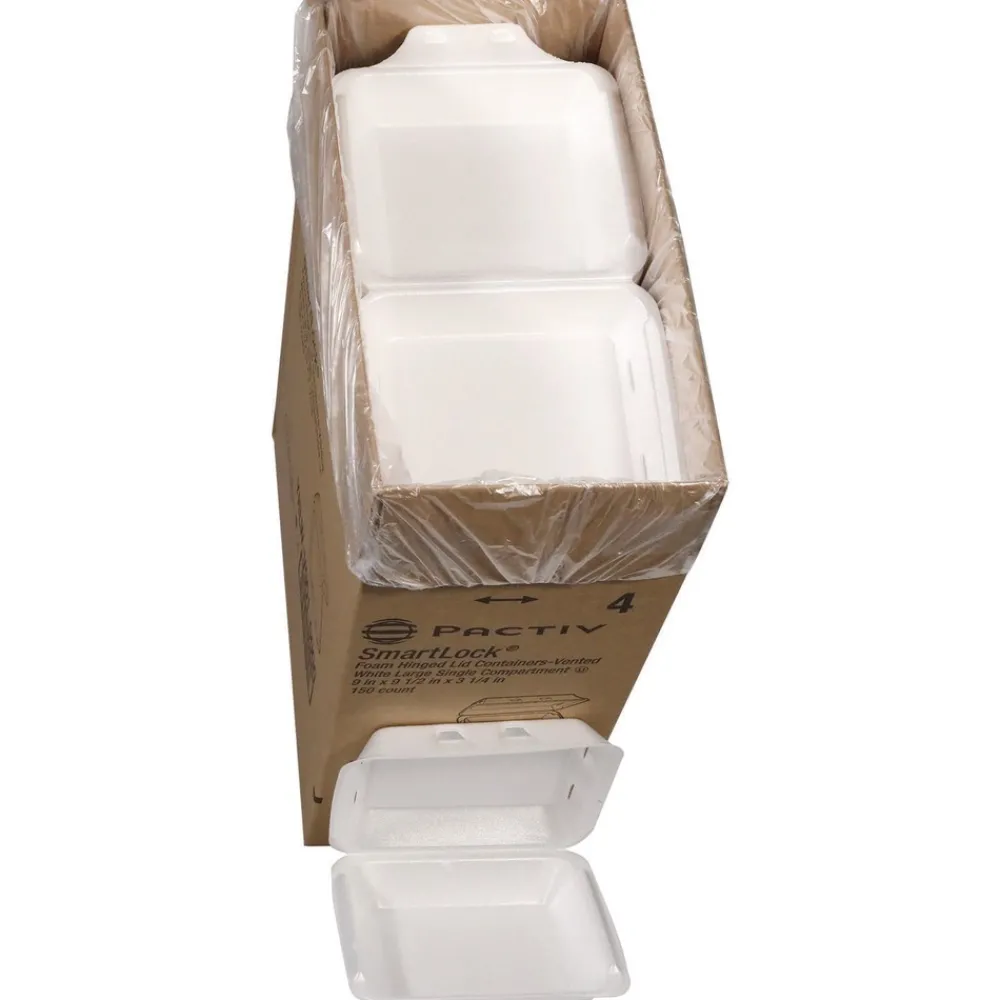 New 9 in. x 9.5 in. x 3.3 in. SmartLock Vented Foam Hinged Lid Container - White (150/Carton) Tabletop And Serveware