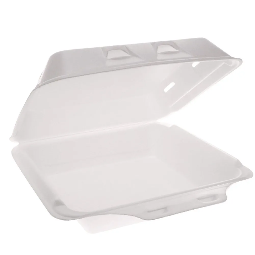 New 9 in. x 9.5 in. x 3.3 in. SmartLock Vented Foam Hinged Lid Container - White (150/Carton) Tabletop And Serveware