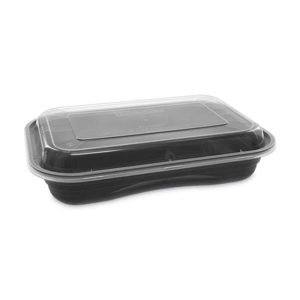 Clearance 8.4 in. x 5.6 in. x 1.4 in. 27 oz. EarthChoice Versa2Go Plastic Microwaveable Container - Black/Clear (150/Carton) Tabletop And Serveware