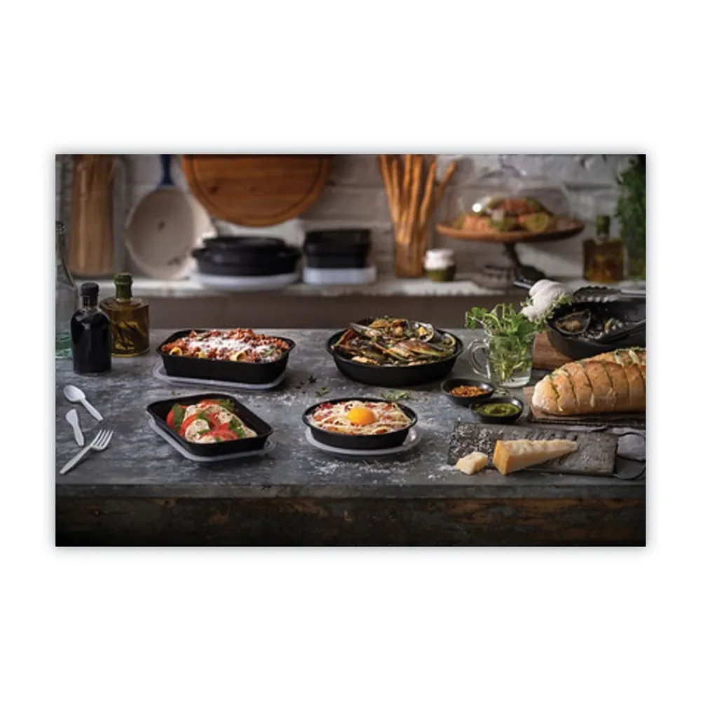 Clearance 8.4 in. x 5.6 in. x 1.4 in. 27 oz. EarthChoice Versa2Go Plastic Microwaveable Container - Black/Clear (150/Carton) Tabletop And Serveware