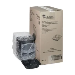 Best 33 oz. 8-1/2 in. x 8-1/5 in. x 3 in. 3-Compartment EarthChoice Vented Dual Color Microwavable Hinged Lid Container - Black/Clear (150/Carton) Tabletop And Serveware