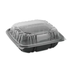 Online 28 oz 7.5 x 7.5 x 3 EarthChoice Vented Dual Color Microwavable Plastic Hinged Lid Container - Black/Clear (150/Carton) Tabletop And Serveware