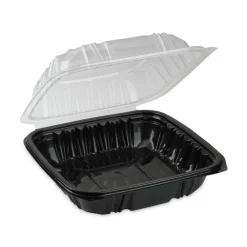 Online 28 oz 7.5 x 7.5 x 3 EarthChoice Vented Dual Color Microwavable Plastic Hinged Lid Container - Black/Clear (150/Carton) Tabletop And Serveware