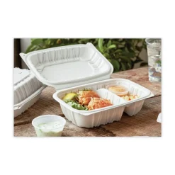 Online 2-Compartment 9 x 6 x 3.1 EarthChoice Vented Microwavable MFPP Plastic Hinged Lid Container - White (170/Carton) Tabletop And Serveware