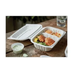 Online 2-Compartment 9 x 6 x 3.1 EarthChoice Vented Microwavable MFPP Plastic Hinged Lid Container - White (170/Carton) Tabletop And Serveware