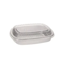 Y6710PET 9.8 in. x 7.8 in. x 1.3 in. 46 oz. Classic Carry-Out Aluminum Container with PET Dome Lid - Silver/Clear (50/Carton) Tabletop And Serveware