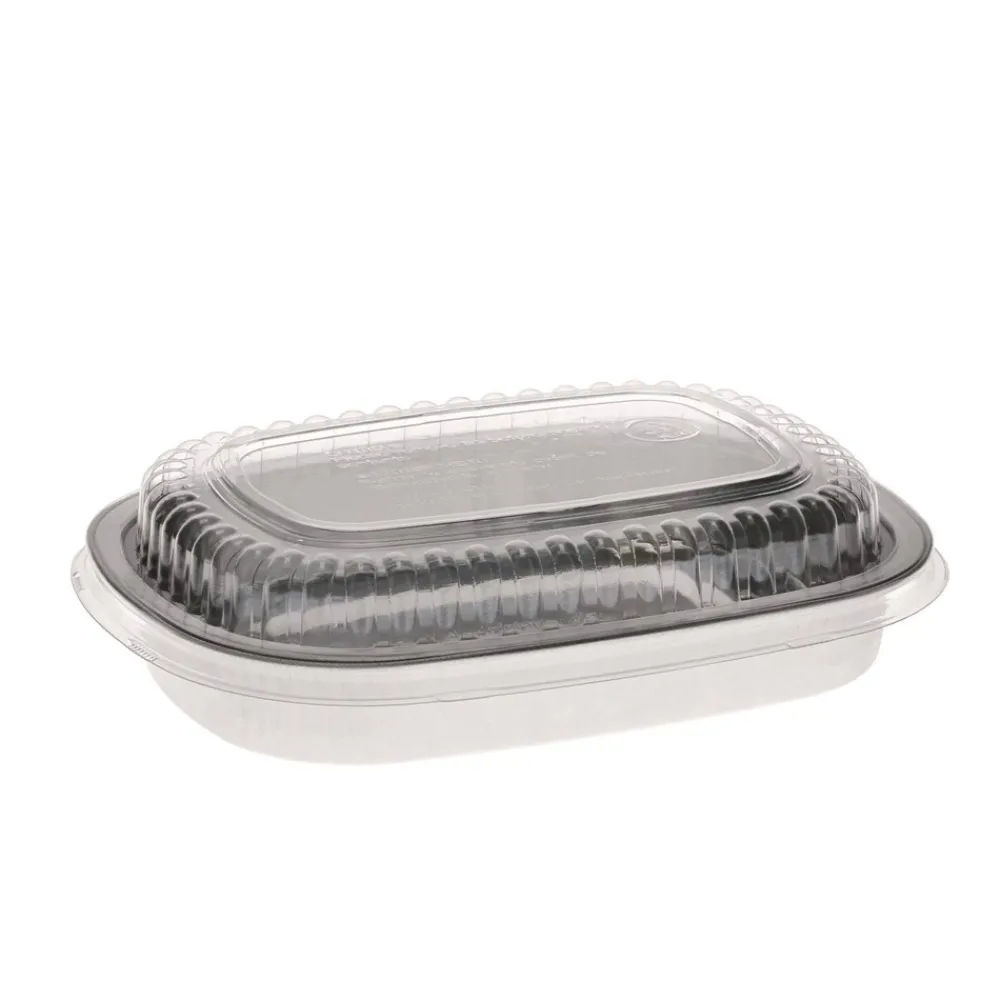 Hot Y6708PET 8.2 in. x 6.2 in. x 1.3 in. 22 oz. Classic Carry-Out Aluminum Container with PET Dome Lid - Silver/Clear (100/Carton) Tabletop And Serveware