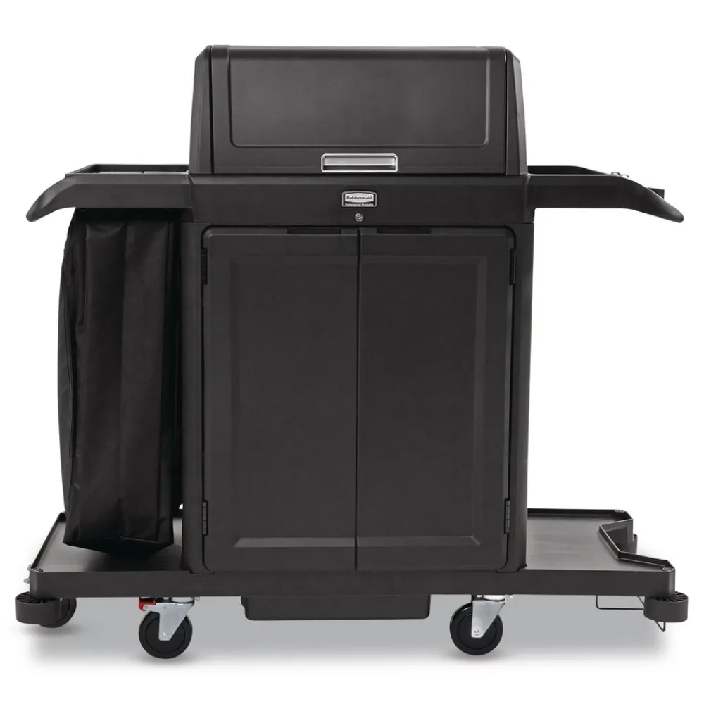 Sale 24.4 in. x 62.4 in. x 56.9 in. 4-Shelf Housekeeping Cart with Hood and Doors - Black Cleaning & Janitorial Supplies