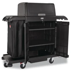 Sale 24.4 in. x 62.4 in. x 56.9 in. 4-Shelf Housekeeping Cart with Hood and Doors - Black Cleaning & Janitorial Supplies