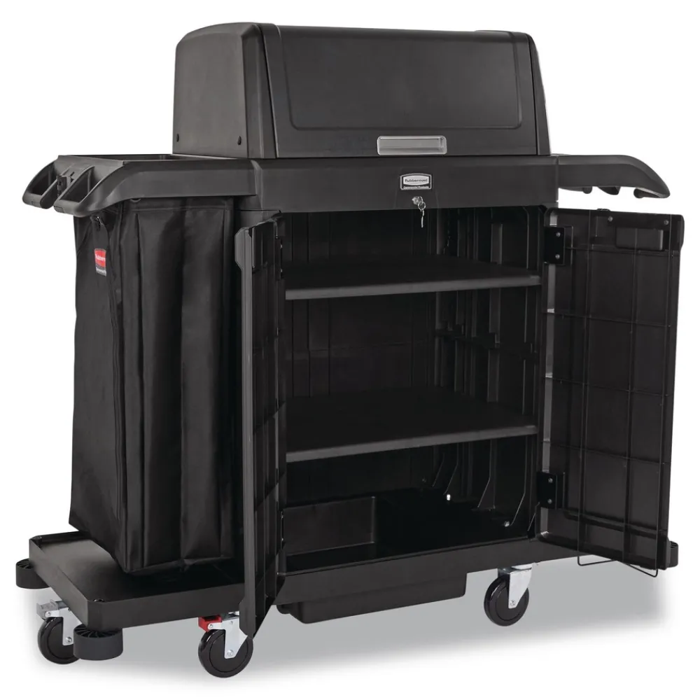Sale 24.4 in. x 62.4 in. x 56.9 in. 4-Shelf Housekeeping Cart with Hood and Doors - Black Cleaning & Janitorial Supplies