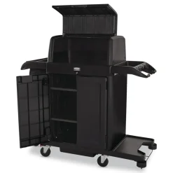 Sale 24.4 in. x 62.4 in. x 56.9 in. 4-Shelf Housekeeping Cart with Hood and Doors - Black Cleaning & Janitorial Supplies