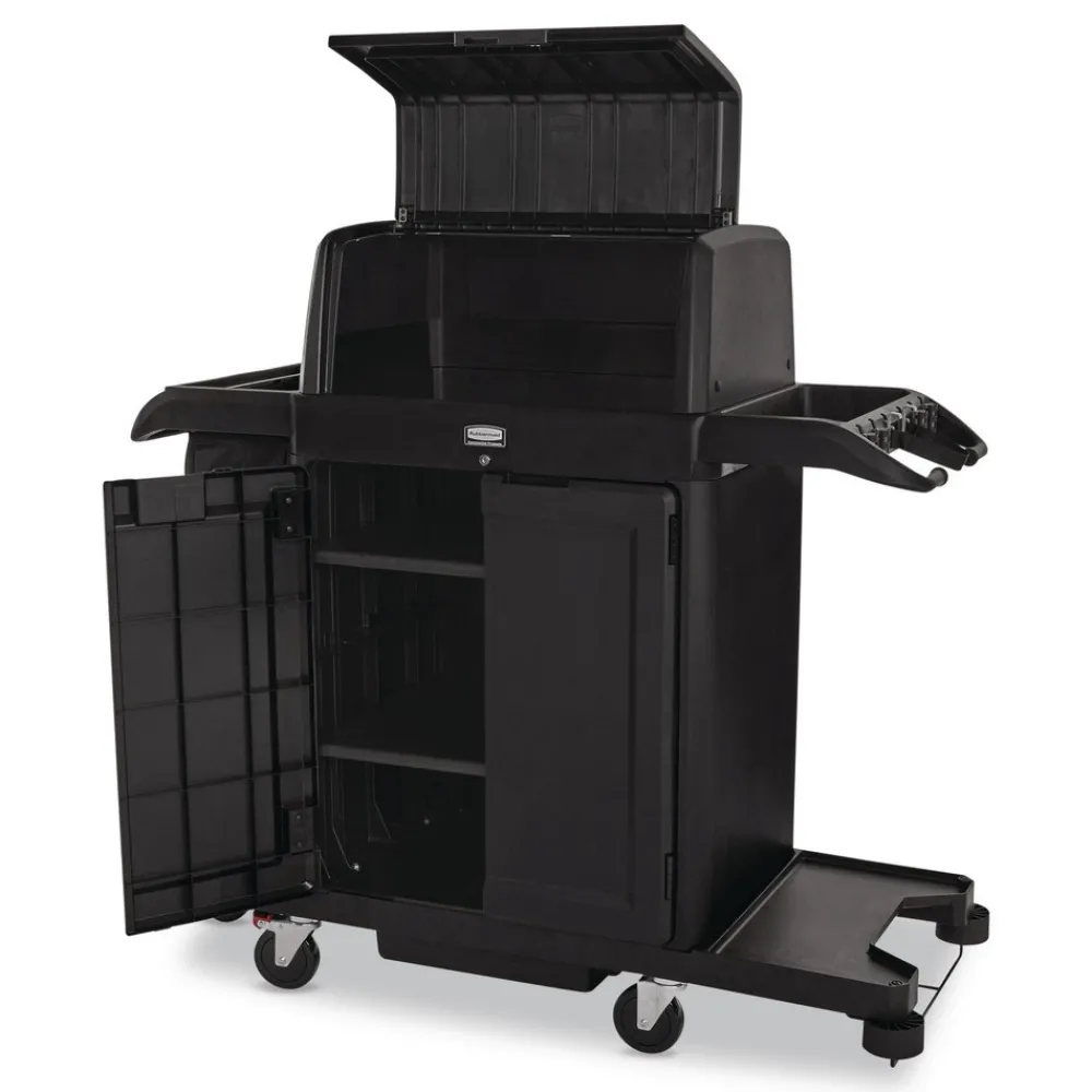 Sale 24.4 in. x 62.4 in. x 56.9 in. 4-Shelf Housekeeping Cart with Hood and Doors - Black Cleaning & Janitorial Supplies