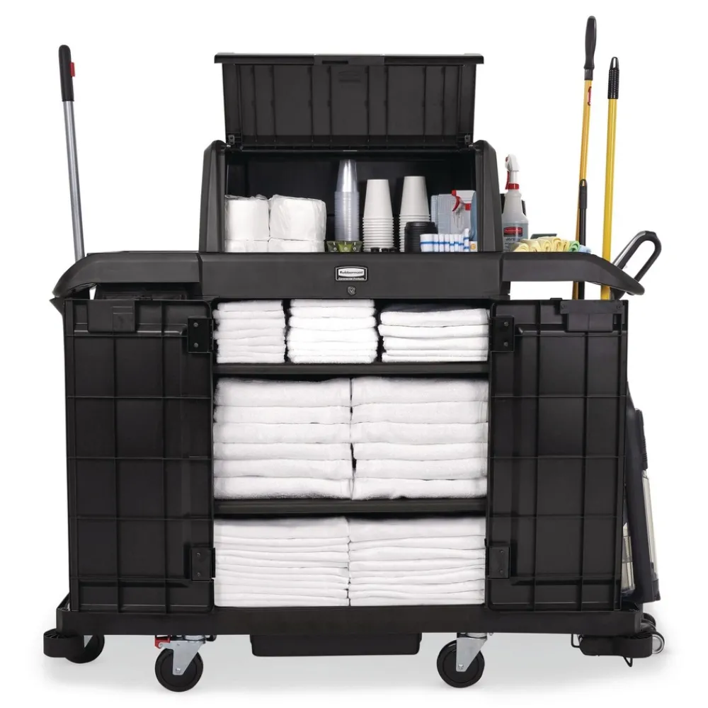 Sale 24.4 in. x 62.4 in. x 56.9 in. 4-Shelf Housekeeping Cart with Hood and Doors - Black Cleaning & Janitorial Supplies