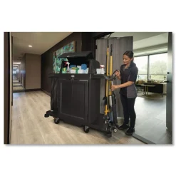 Sale 24.4 in. x 62.4 in. x 56.9 in. 4-Shelf Housekeeping Cart with Hood and Doors - Black Cleaning & Janitorial Supplies