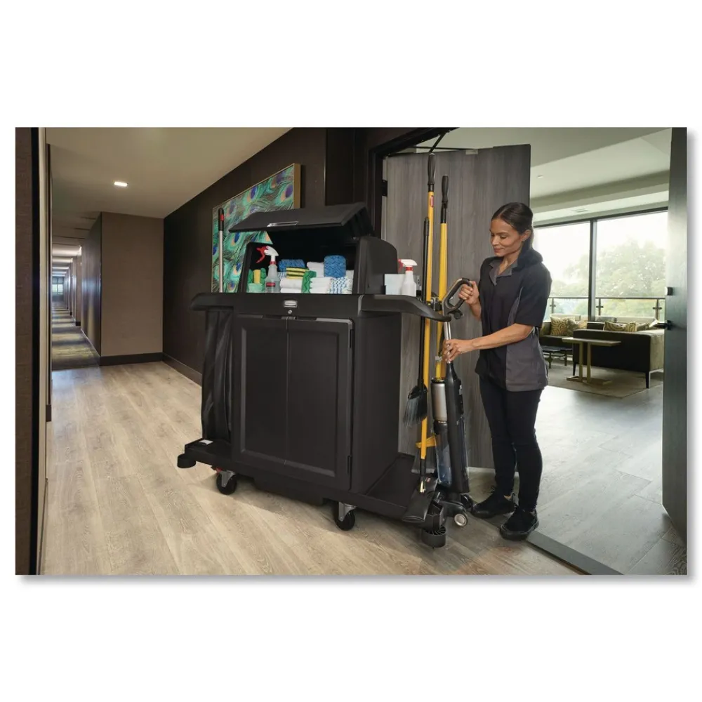 Sale 24.4 in. x 62.4 in. x 56.9 in. 4-Shelf Housekeeping Cart with Hood and Doors - Black Cleaning & Janitorial Supplies