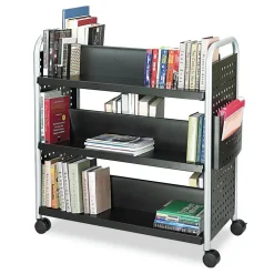 Outlet 41.25 in. x 17.75 in. x 41.25 in. 6 Shelves 1 Bin Scoot Double-Sided Metal Book Cart - Black Office Furniture & Lighting