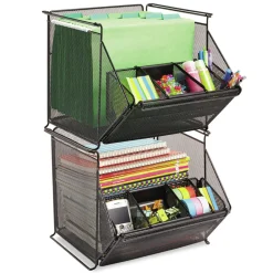 Discount 14 x 15.5 x 11.75 Onyx Stackable Steel Mesh 4-Compartment Storage Bin - Black Desk Accessories & Office Organizers