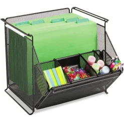 Discount 14 x 15.5 x 11.75 Onyx Stackable Steel Mesh 4-Compartment Storage Bin - Black Desk Accessories & Office Organizers