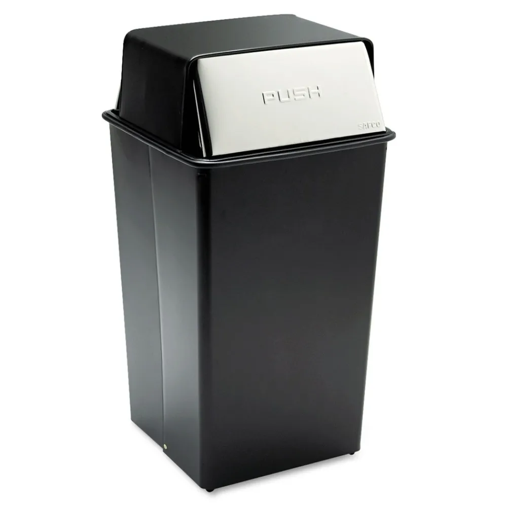 Reflections Push Top Square Receptacle, Steel, 36gal, Black/chrome Trash & Waste Bins