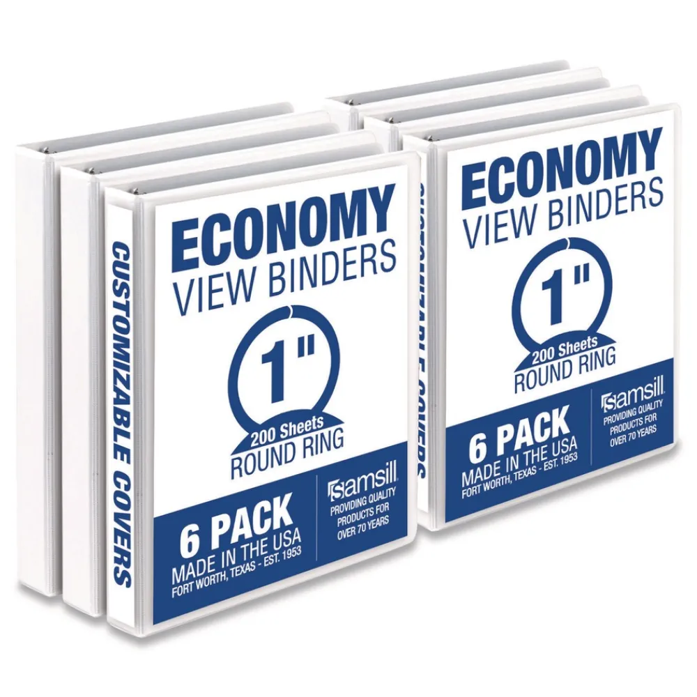 Outlet 11 in. x 8.5 in. 1 in. Capacity 3 Rings Economy Round Ring View Binder - White (6/Carton) Binders & Binding Supplies