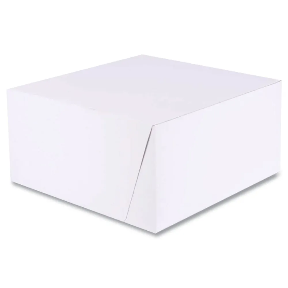 Sale 10 in. x 10 in. x 5 in. Standard Paper One-Piece Non-Window Bakery Boxes - White/Brown (100/Bundle) Tabletop And Serveware