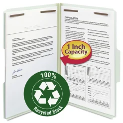 Best 1 in. Expansion 2 Fasteners Legal Size Recycled Pressboard Fastener Folders - Gray-Green Exterior (25/Box) Filing & Folders