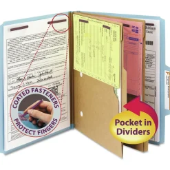 6 SafeSHIELD Fasteners 2 Dividers Letter Size 6-Section Pressboard Top Tab Pocket Classification Folders - Blue (10/Box) Filing & Folders