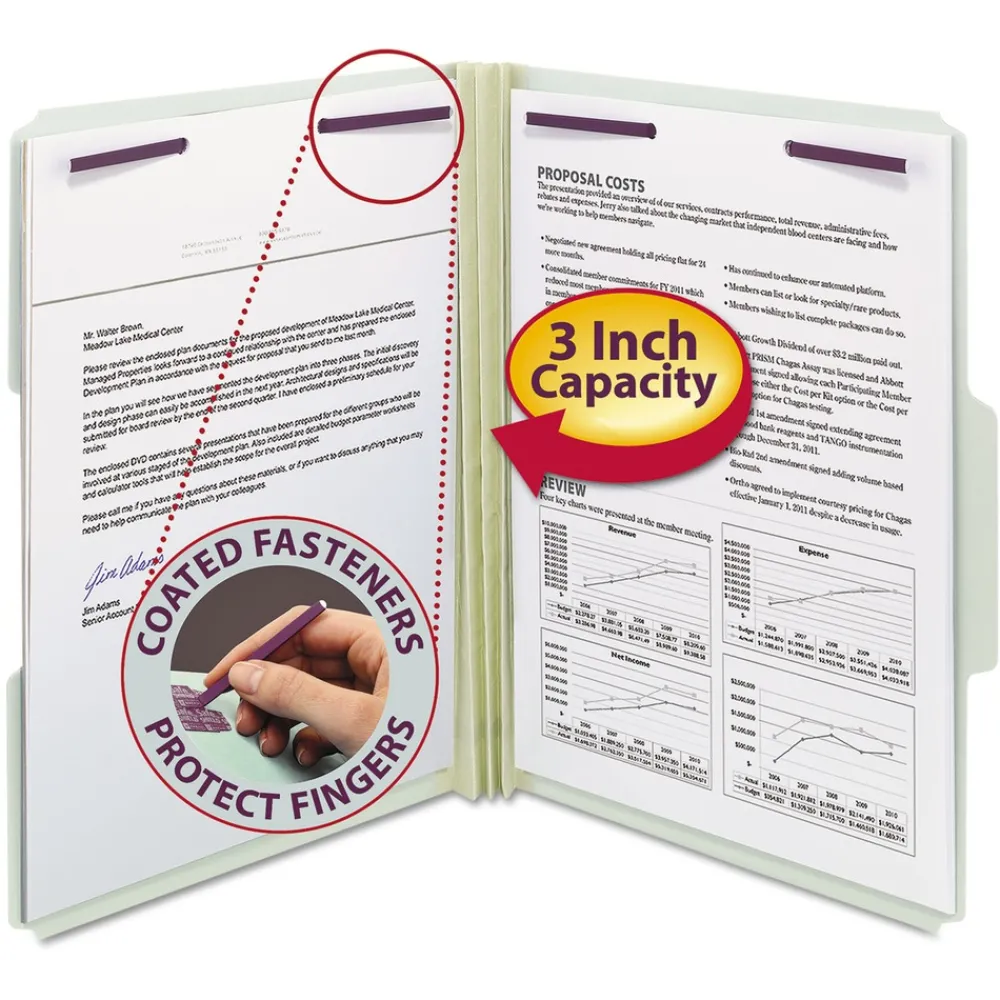 Outlet 1/3-Cut Tabs 3-in Expansion 2 SafeSHIELD Fasteners Letter Size Recycled Pressboard Fastener Folders - Gray-Green (25/Box) Filing & Folders