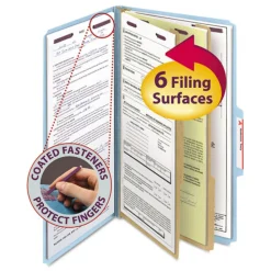 Outlet Six SafeSHIELD Fasteners 2 Dividers Legal Size Six-Section Pressboard Top Tab Classification Folders - Blue (10/Box) Filing & Folders