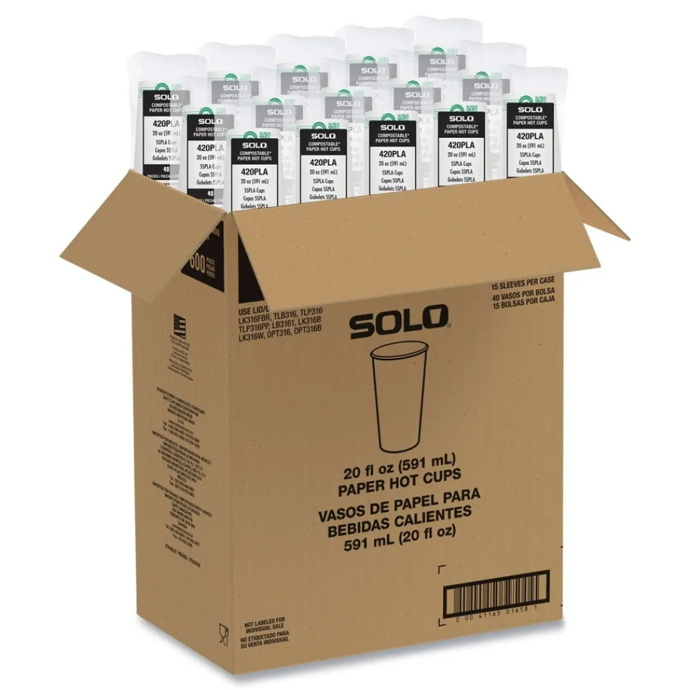 Clearance 20 oz Compostable Paper Hot Cups - White/Green (600/Carton) Tabletop And Serveware