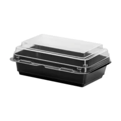Discount Creative Carryouts 7.87 in. x 5.4 in. x 2.1 in. 24 oz. Hinged Plastic Hot Deli Boxes - Black/Clear (200/Carton) Tabletop And Serveware