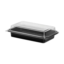 Clearance Creative Carryouts 8.75 in. x 6.2 in. x 2.2 in. Hinged Plastic Hot Deli Boxes - Black/Clear (200/Carton) Tabletop And Serveware